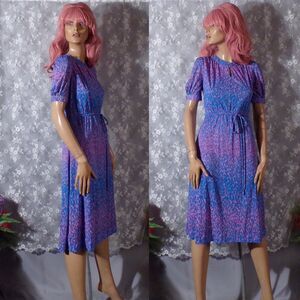 Vintage 60s Blue & Pink Dress Size Small 1960s Retro Mod Twiggy Midi Leaf Print